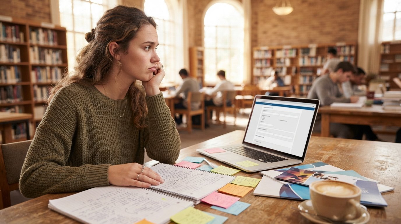 College student resting chin on hand at a library desk with notebooks, sticky notes, a laptop showing a blank career…
