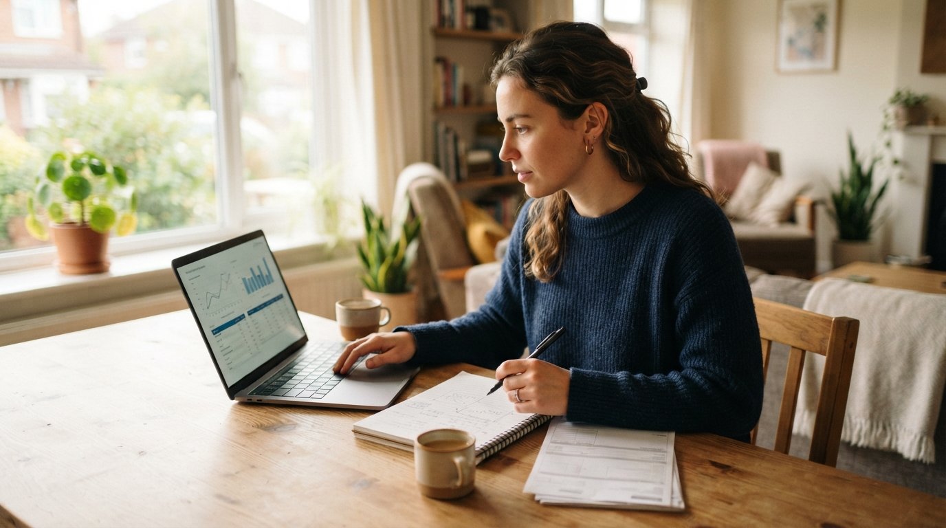 A young adult sits at a wooden kitchen table with a laptop, paperwork, and a notebook, comparing credit builder loan…
