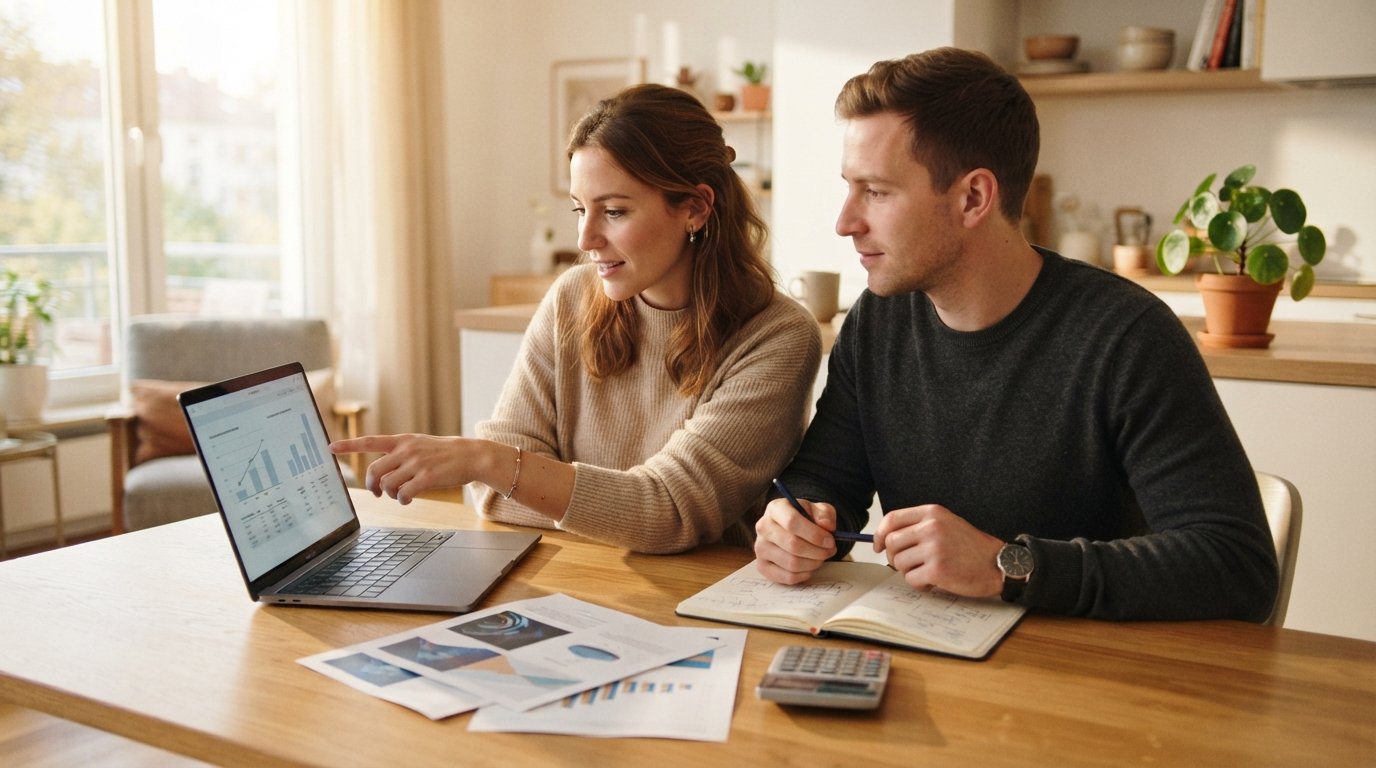 Young couple at a sunlit kitchen table reviewing health insurance brochures, a laptop, and a calculator while comparing…
