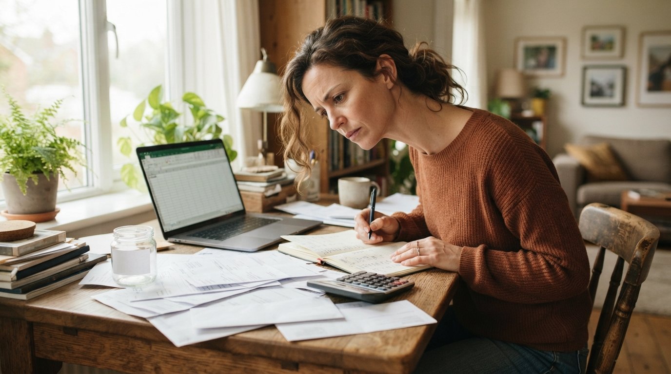 Woman in her 30s at a wooden desk with bills, invoices, a calculator, a notebook and a laptop showing a blank spreadsheet,…