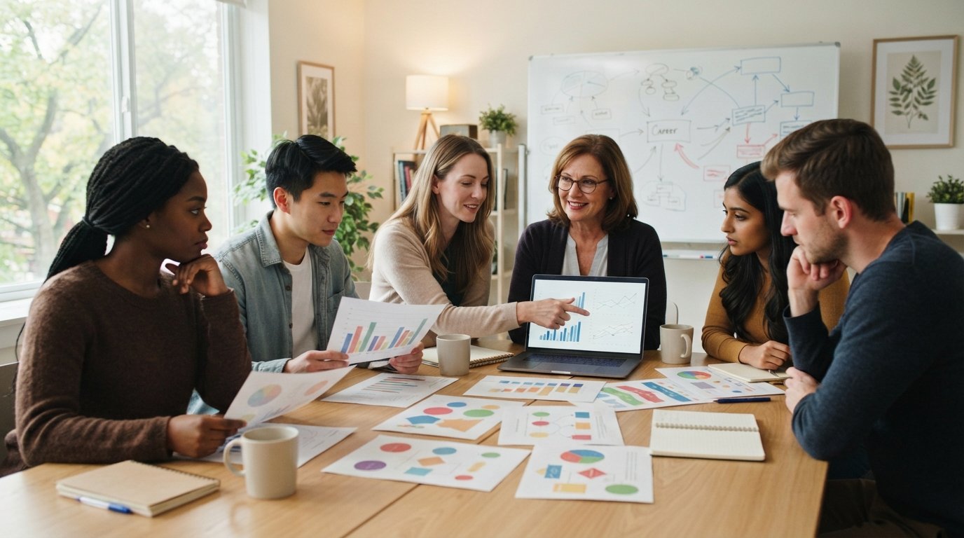 Diverse college students at a light-wood table review personality assessment printouts and interest worksheets while an…
