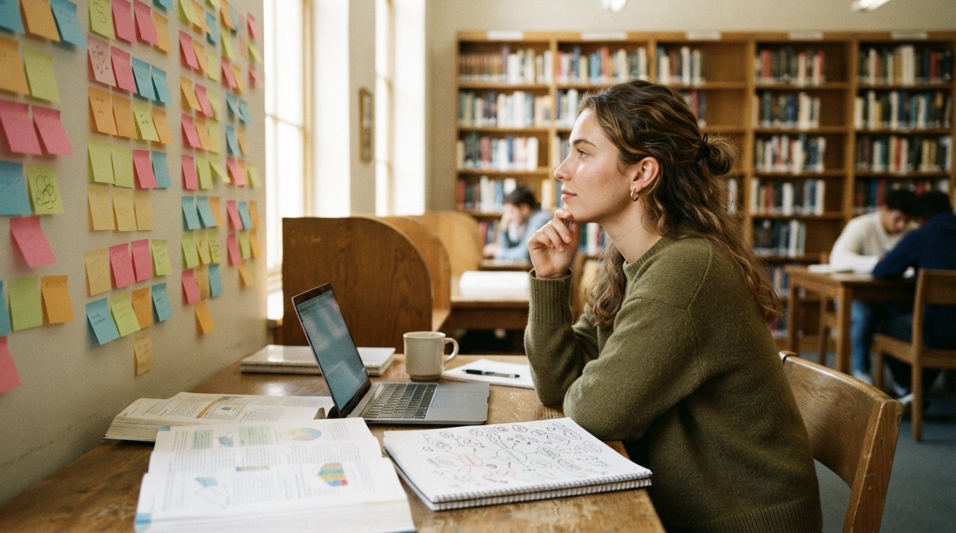 Student at a desk with open textbooks, laptop, and mind-map notebook, looking at colorful sticky notes on a library wall