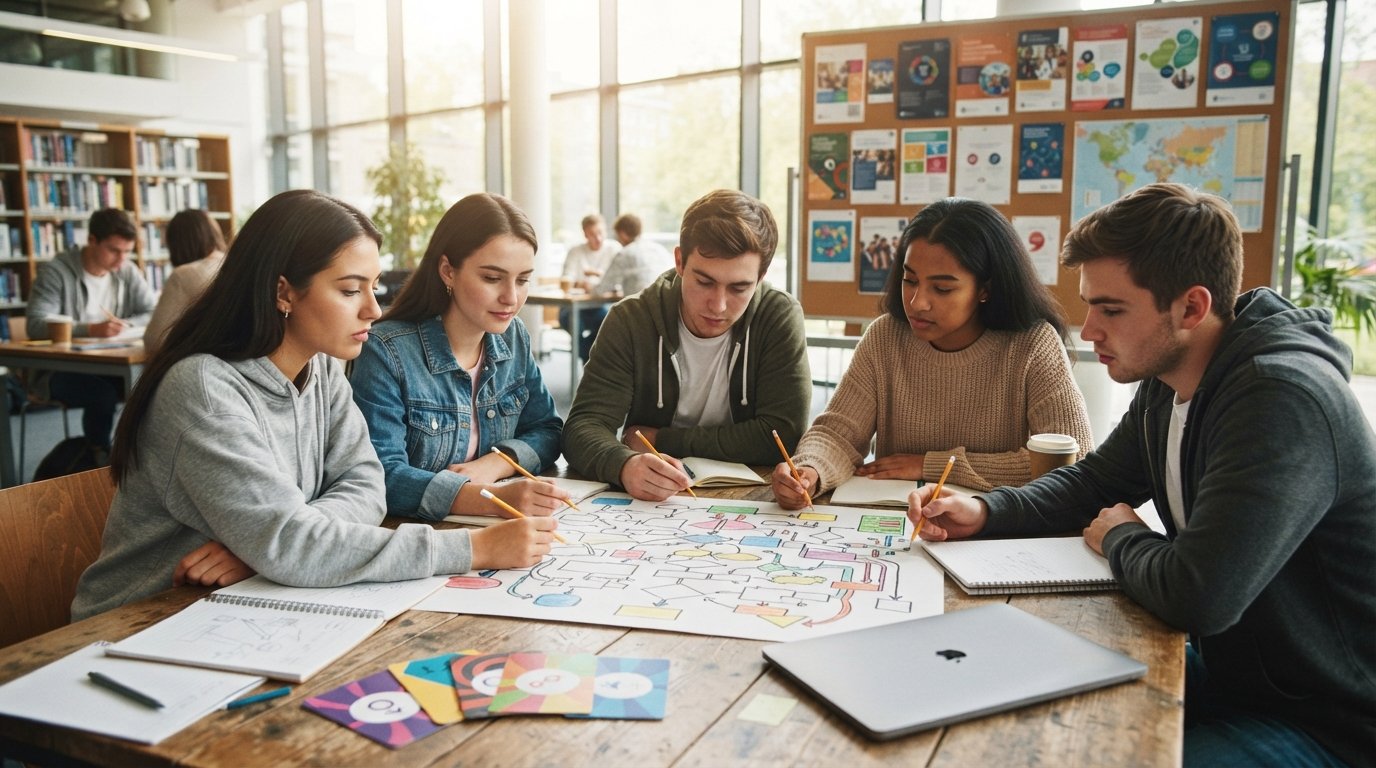 College students at a library table review a paper flowchart and quiz cards to explore possible majors.