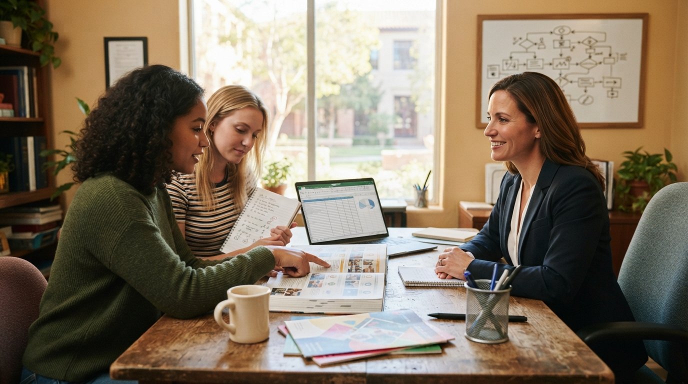 Two college students meet a career advisor at a wooden desk, pointing to a course catalog and a laptop showing a degree…