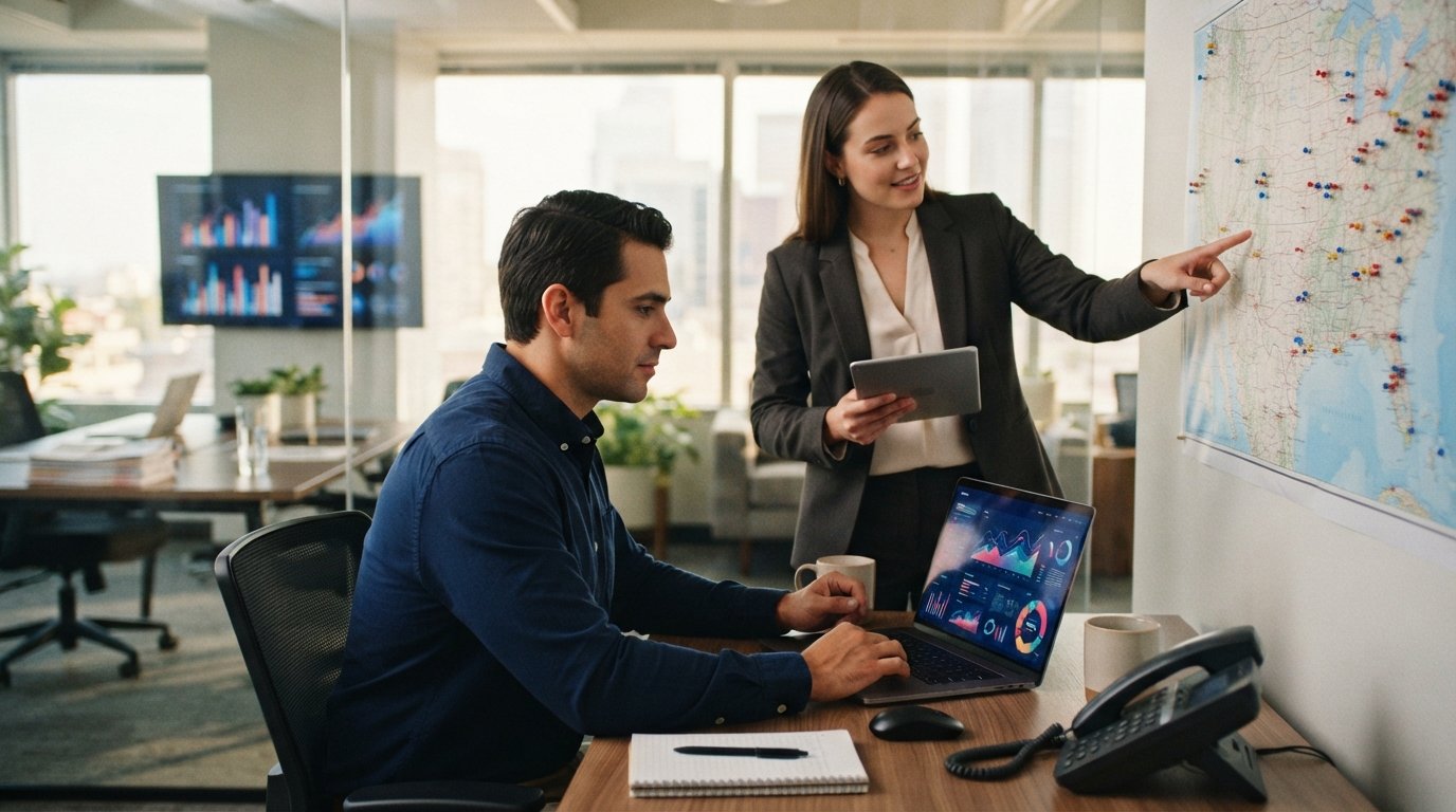 Loan officer in navy shirt reviews graphs on a laptop beside a phone and notepad while a colleague points at a US map with…