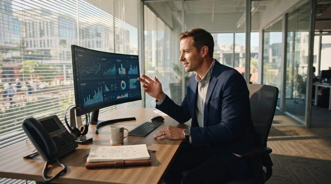 Marketing manager in a glass-walled office reviewing call tracking dashboards and ROI graphs on a desktop monitor beside a…