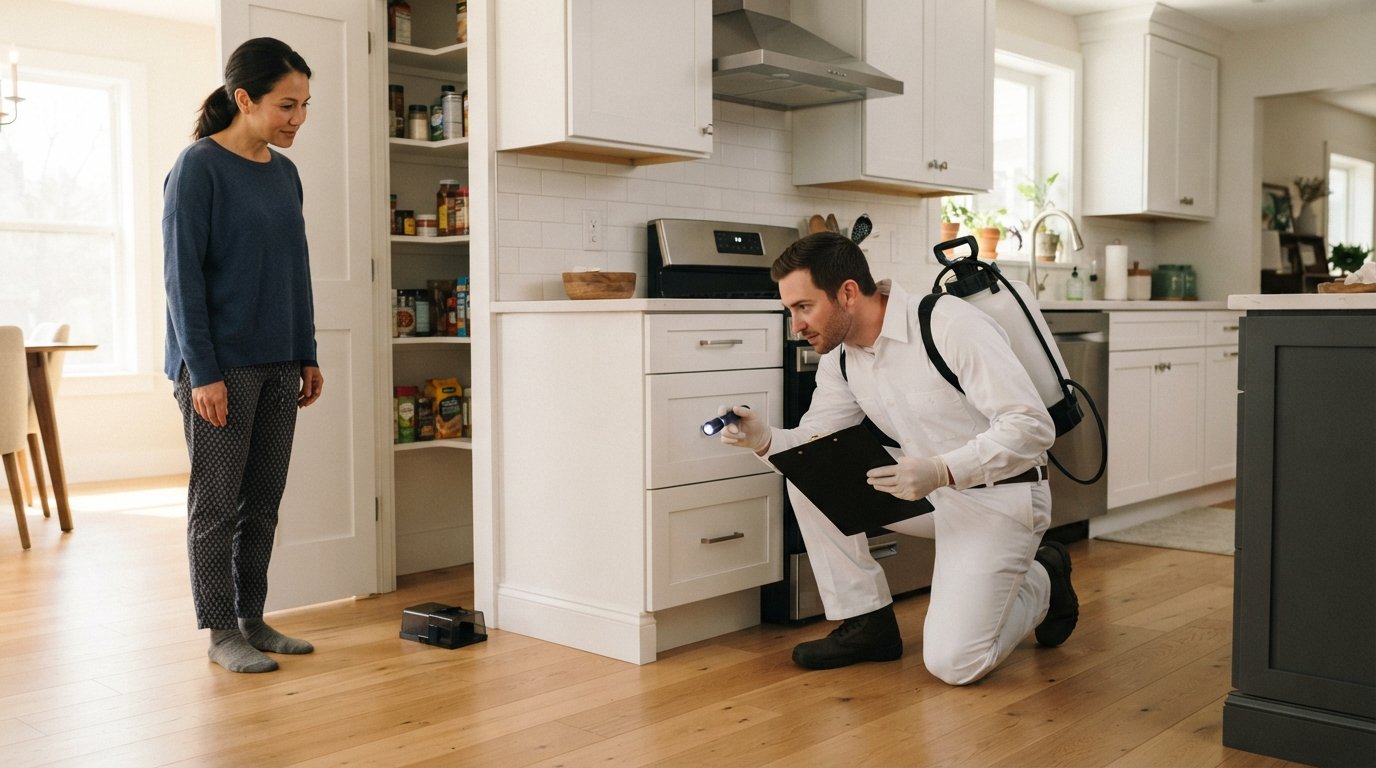 Pest control technician in white uniform and gloves inspects kitchen baseboards with a flashlight while a homeowner watches
