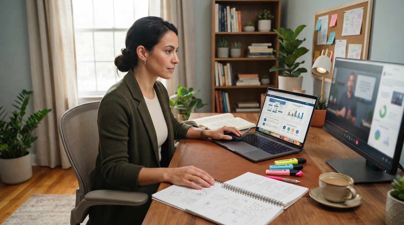 Adult learner in casual business attire at a wooden desk, comparing online degree programs on a laptop beside notebooks,…