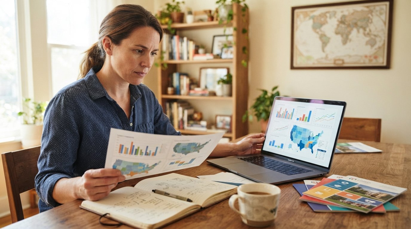 Adult learner at a wooden desk comparing printed state labor market data with regional employment charts and a U.S. map on…