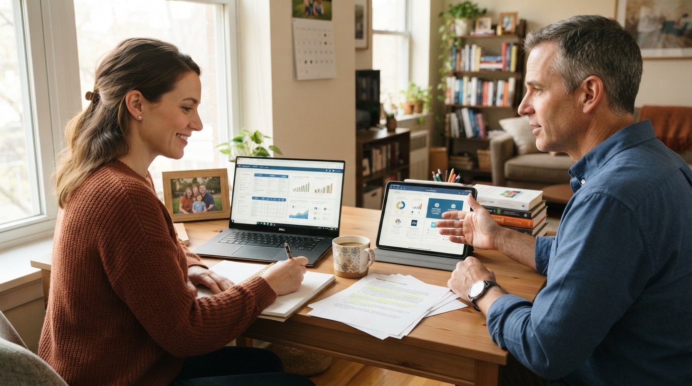 Career changer at a home desk reviews a course catalog on a laptop while a counselor points to program options on a tablet,…