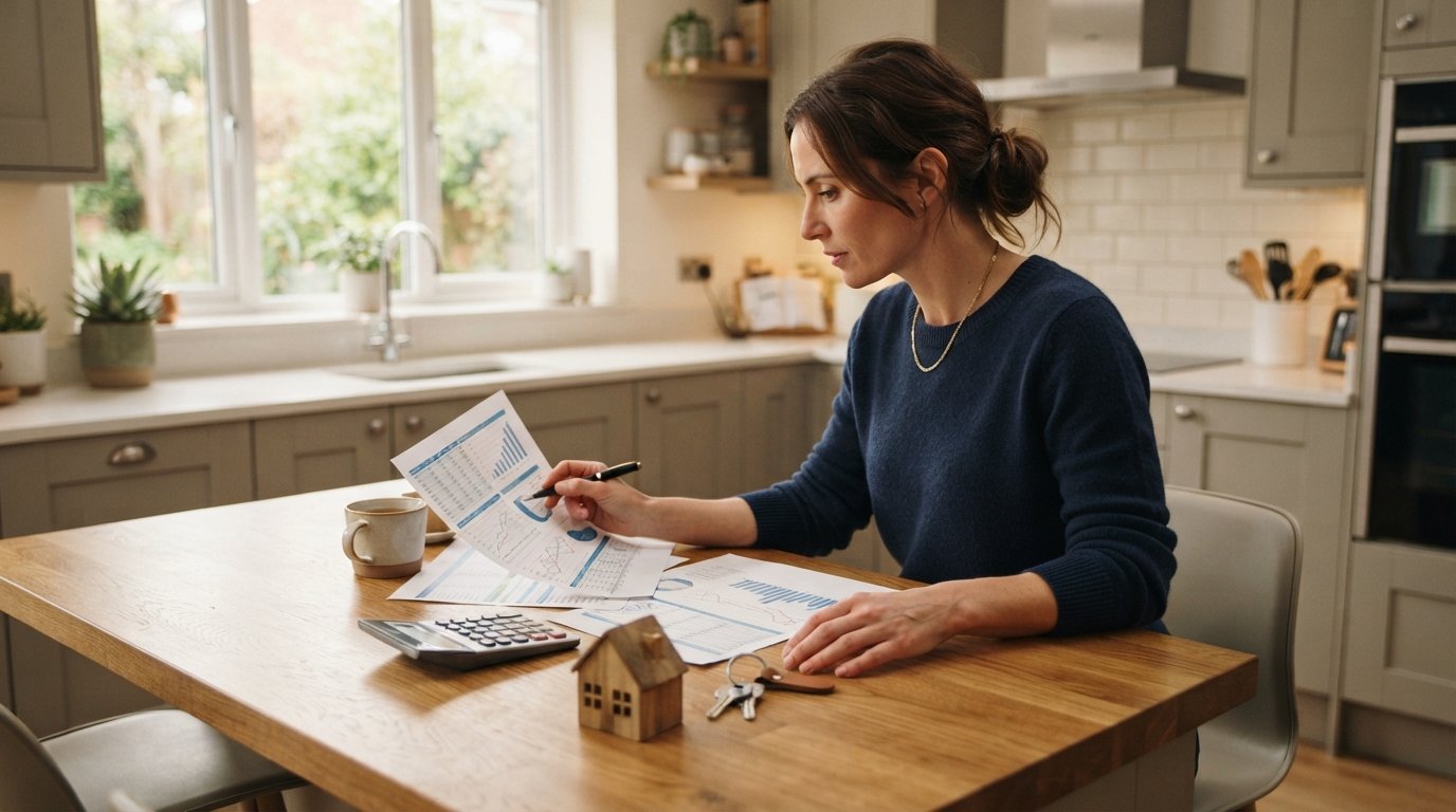 Homeowner at a kitchen table reviewing mortgage documents with a calculator, house keys, and a small model house