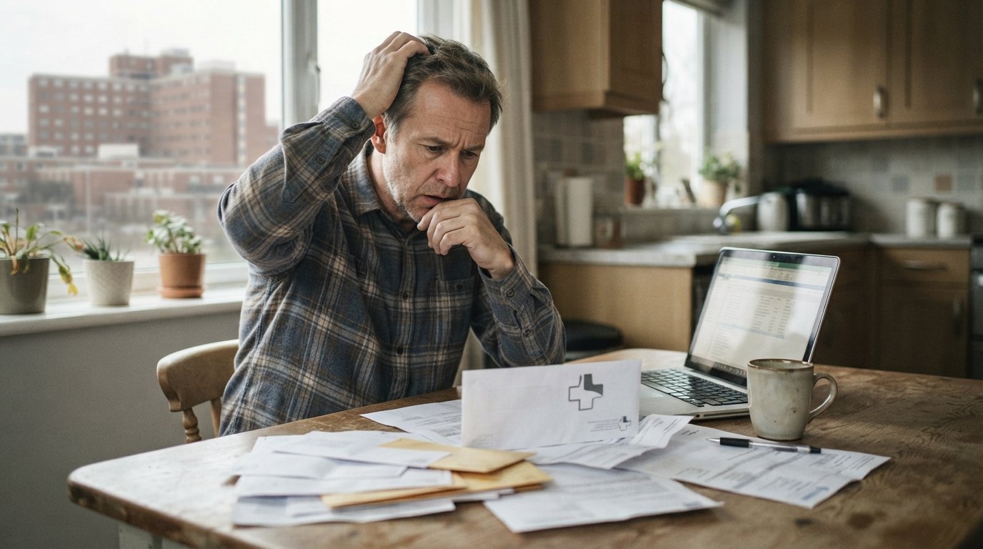Worried middle-aged man in a button-down shirt sitting at a kitchen table with medical bills, a hospital envelope, a…