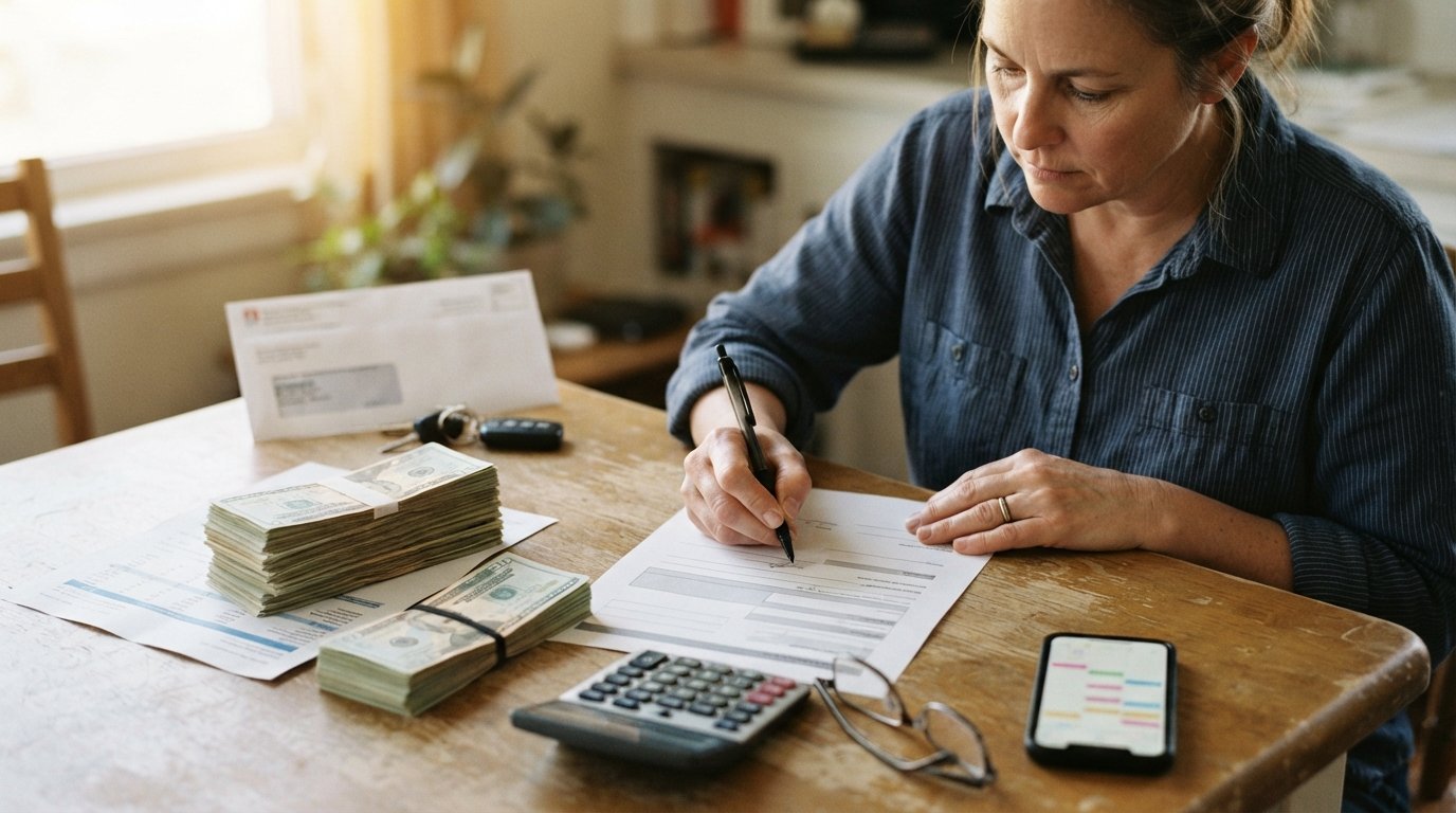 Hand holding a pen over a loan agreement, with a small stack of cash and a larger stack of bills with a payment schedule on…