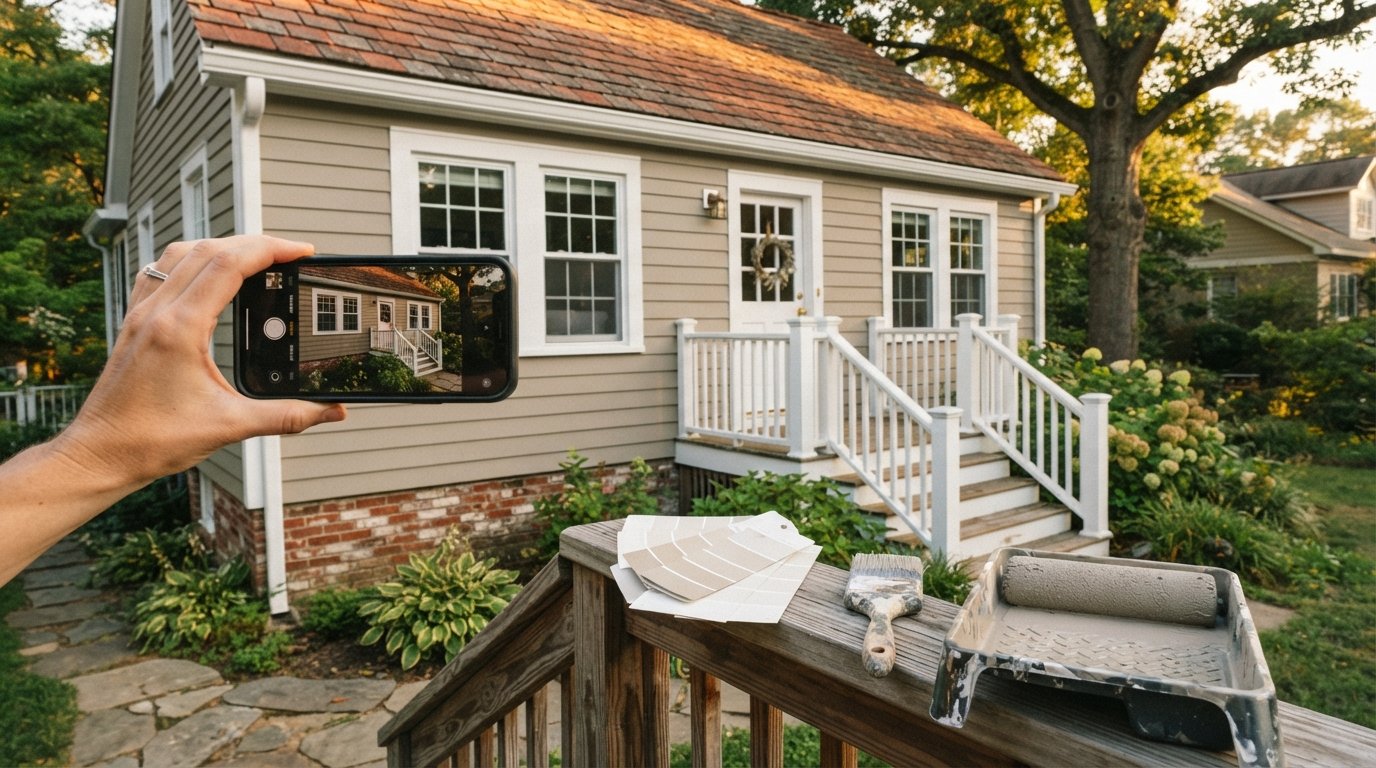 Two-tone house exterior with warm greige siding and white trim, paint swatches fanned on a porch railing beside a brush and…