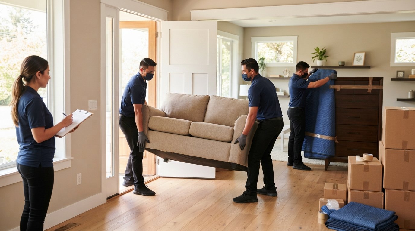 Two uniformed movers carry a sofa through a doorway while another wraps a dresser with a padded blanket in a sunlit living…
