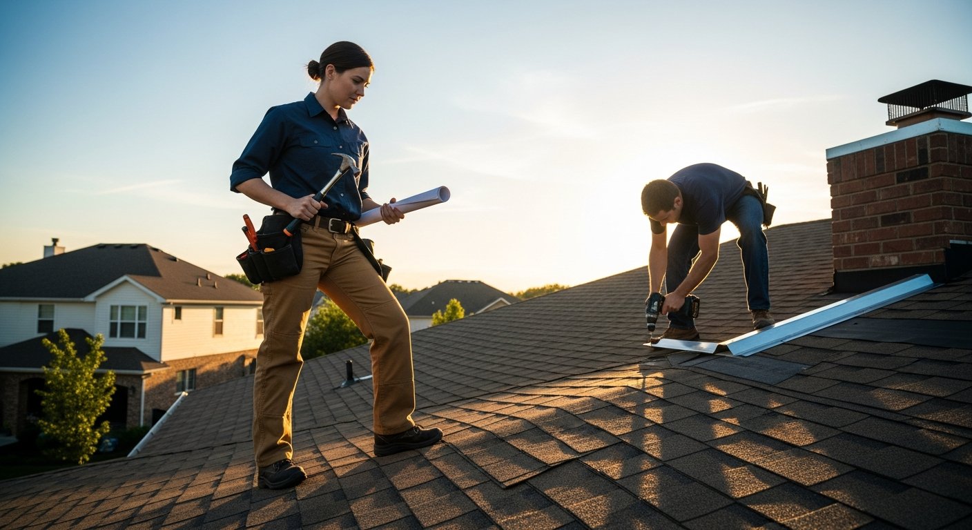 Female roofing contractor in navy shirt and khaki pants kneels on a rooftop, inspecting asphalt shingles with a hammer and…