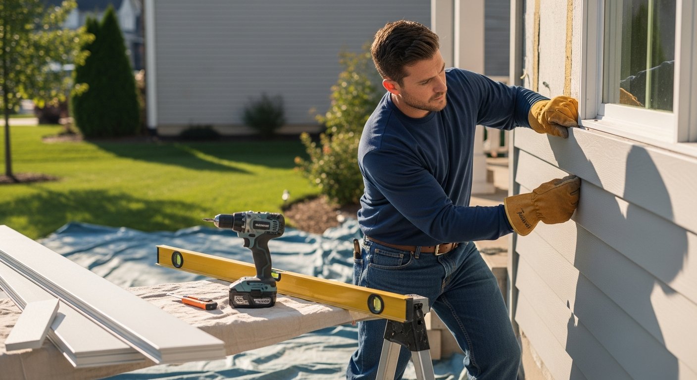 Siding contractor in navy shirt and leather gloves aligns a fiber cement panel on a suburban home, with a level and drill…