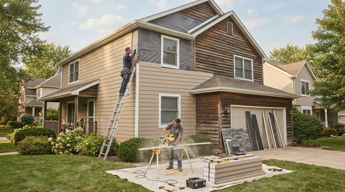 Contractor on a ladder inspecting moisture barrier wrap beside a wall of new beige fiber cement lap siding, with another…