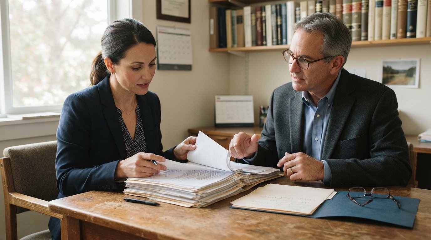 Two adults in business-casual attire review medical records and claim paperwork across a wooden desk in a softly lit office