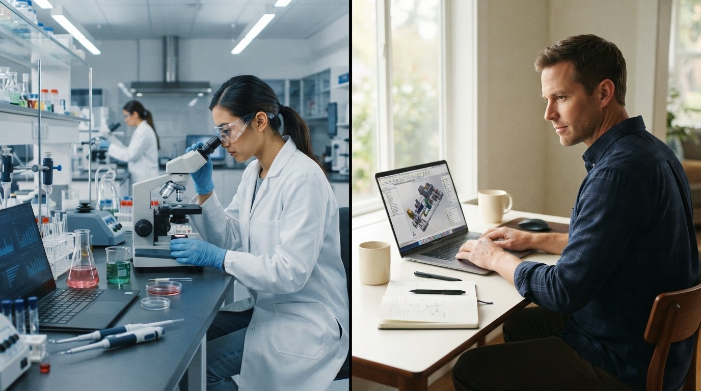 Split scene: a student in safety goggles and lab coat uses a microscope in a campus lab, beside an adult learner at a home…
