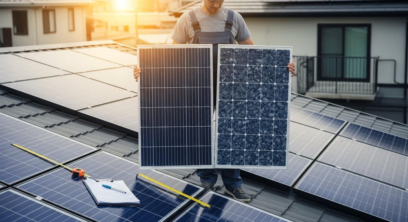 A homeowner in casual work clothes stands on a residential rooftop under bright midday sun, — best solar panels for home