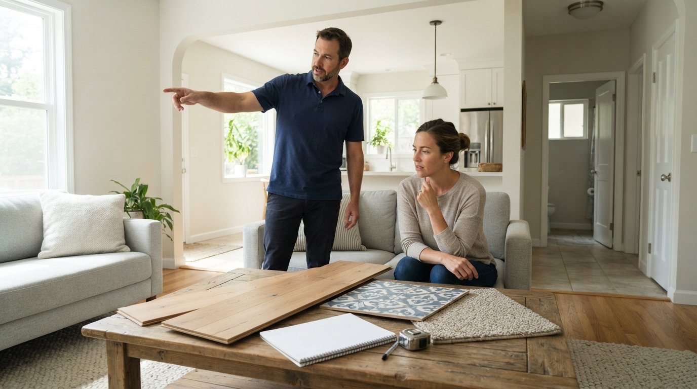 Homeowner and contractor compare white oak, tile, and carpet samples on a coffee table in a bright living room, with…