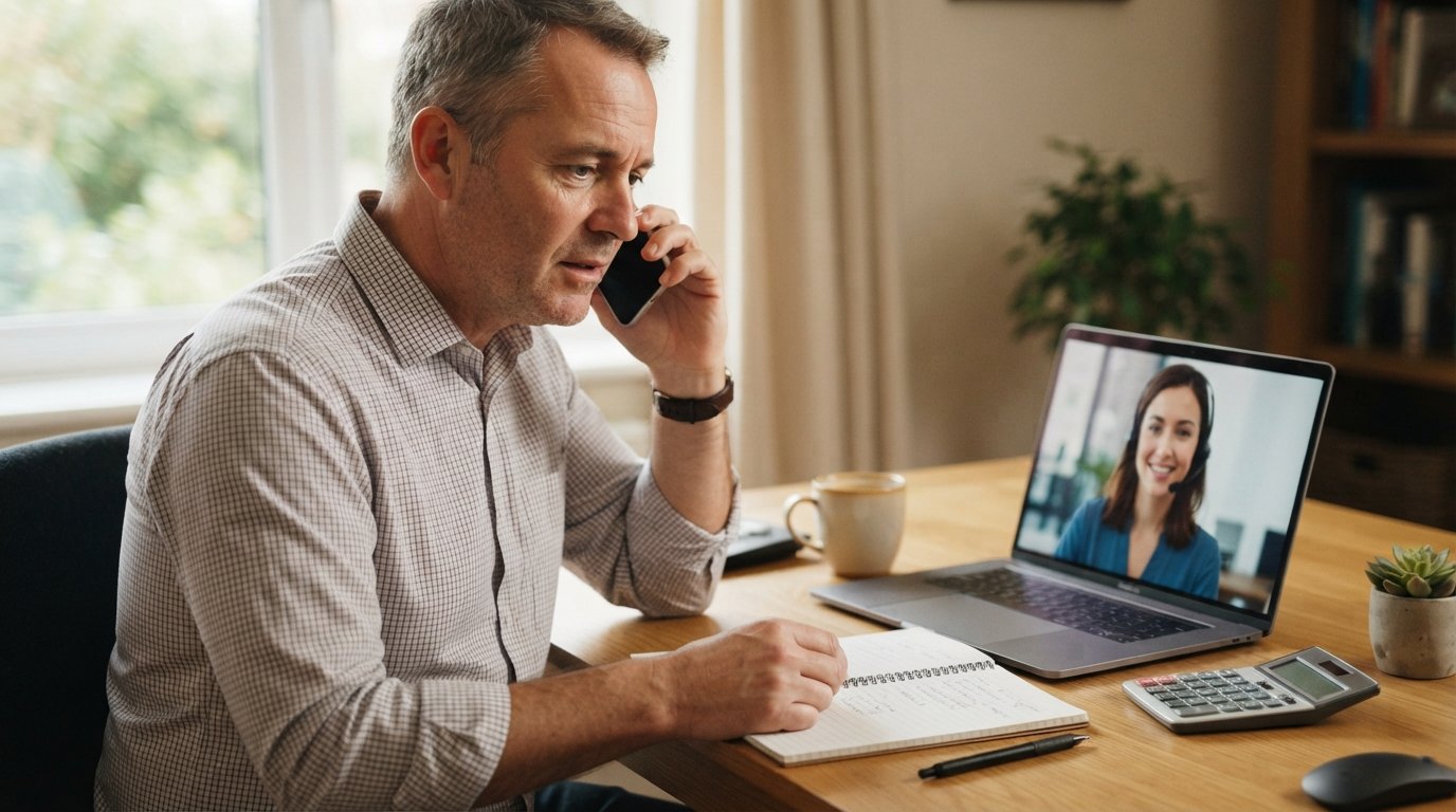Middle-aged man at home office desk holding phone to ear, looking at female customer service representative on laptop…