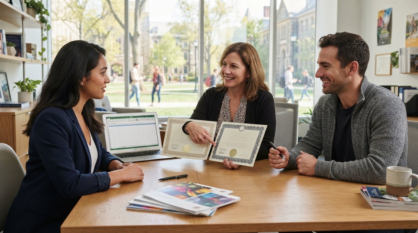 Two prospective students and an advisor compare two printed accreditation certificates side by side at a desk with a laptop…
