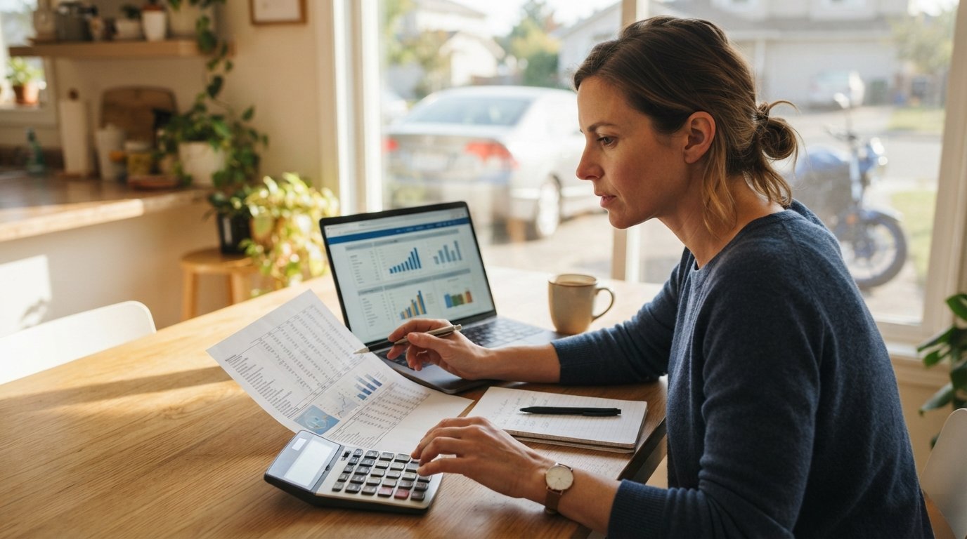 Driver at a sunlit kitchen table comparing auto insurance quotes on a laptop beside a printed declarations page,…