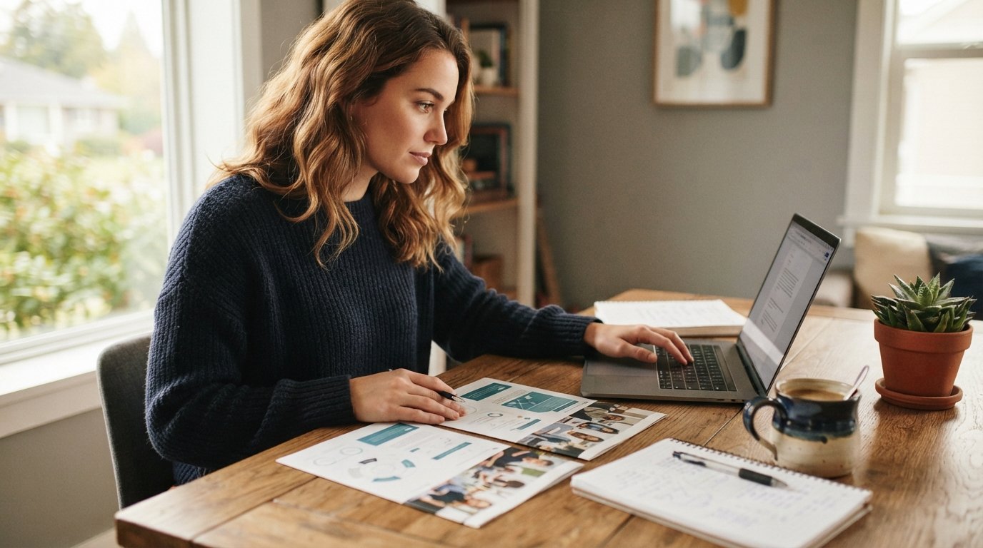 Young adult at a sunlit desk comparing two printed brochures beside a laptop, notebook, pen, and coffee mug