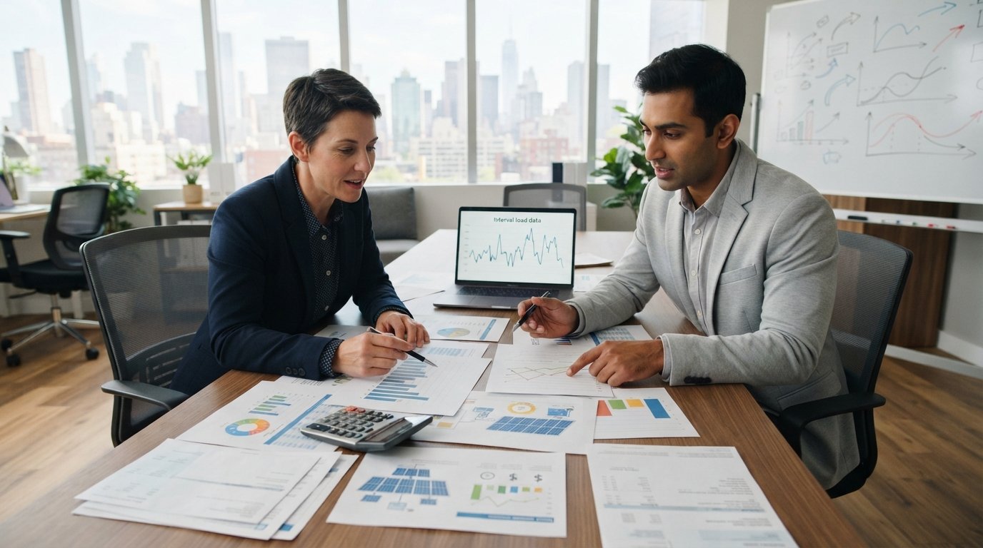 Business owner and solar consultant reviewing printed solar proposals, energy charts, utility bills, and load data on a…