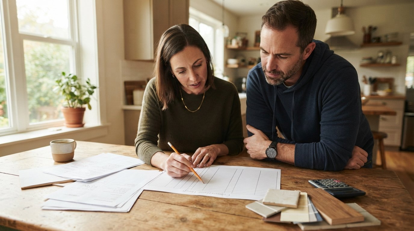 Two homeowners at a kitchen table reviewing three printed contractor bids beside a scope comparison chart, pencil,…