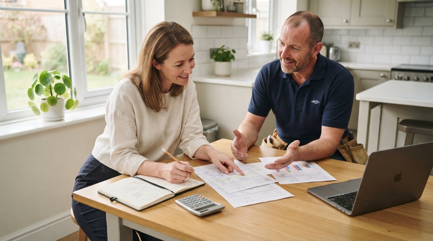 Homeowner pointing at a line item on one of three printed contractor bids while a contractor in a navy polo explains beside…