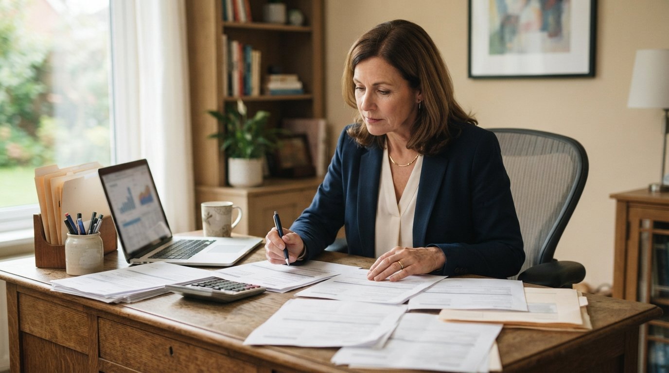 Woman in a blazer sits at a wooden desk comparing printed loan offers beside a calculator, laptop, and stacked statements