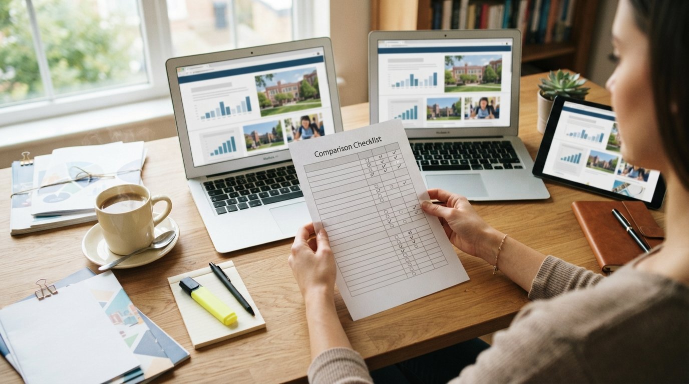 Hands holding a printed comparison checklist next to two laptops and a tablet displaying college program webpages with…