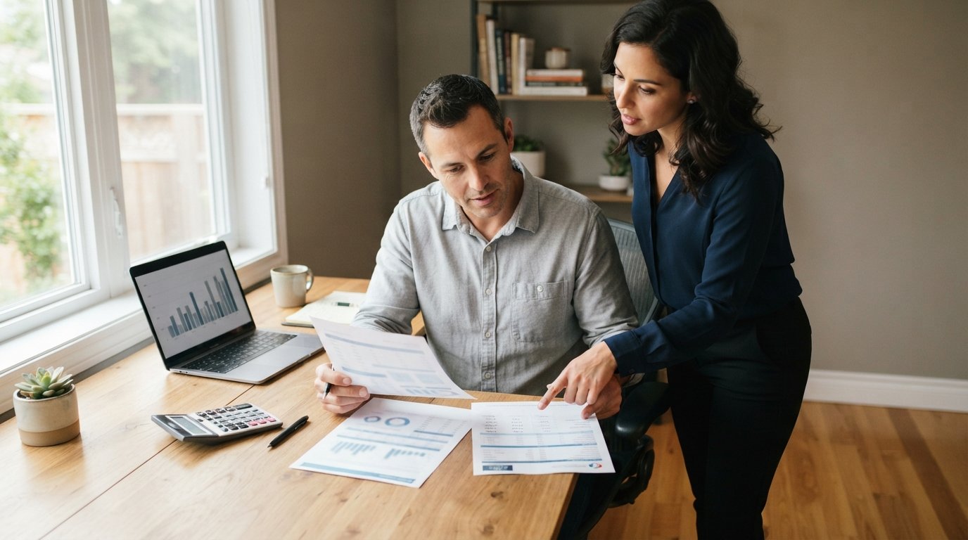 Two adults compare printed installment loan documents on a desk, with a calculator and laptop nearby
