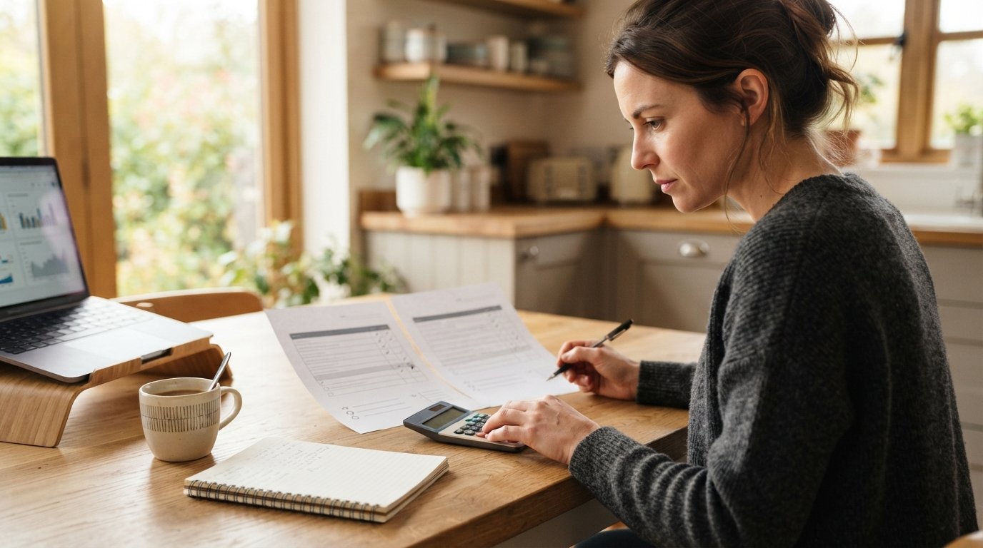 Person at a kitchen table comparing two printed loan offer sheets beside a laptop, pen, and calculator