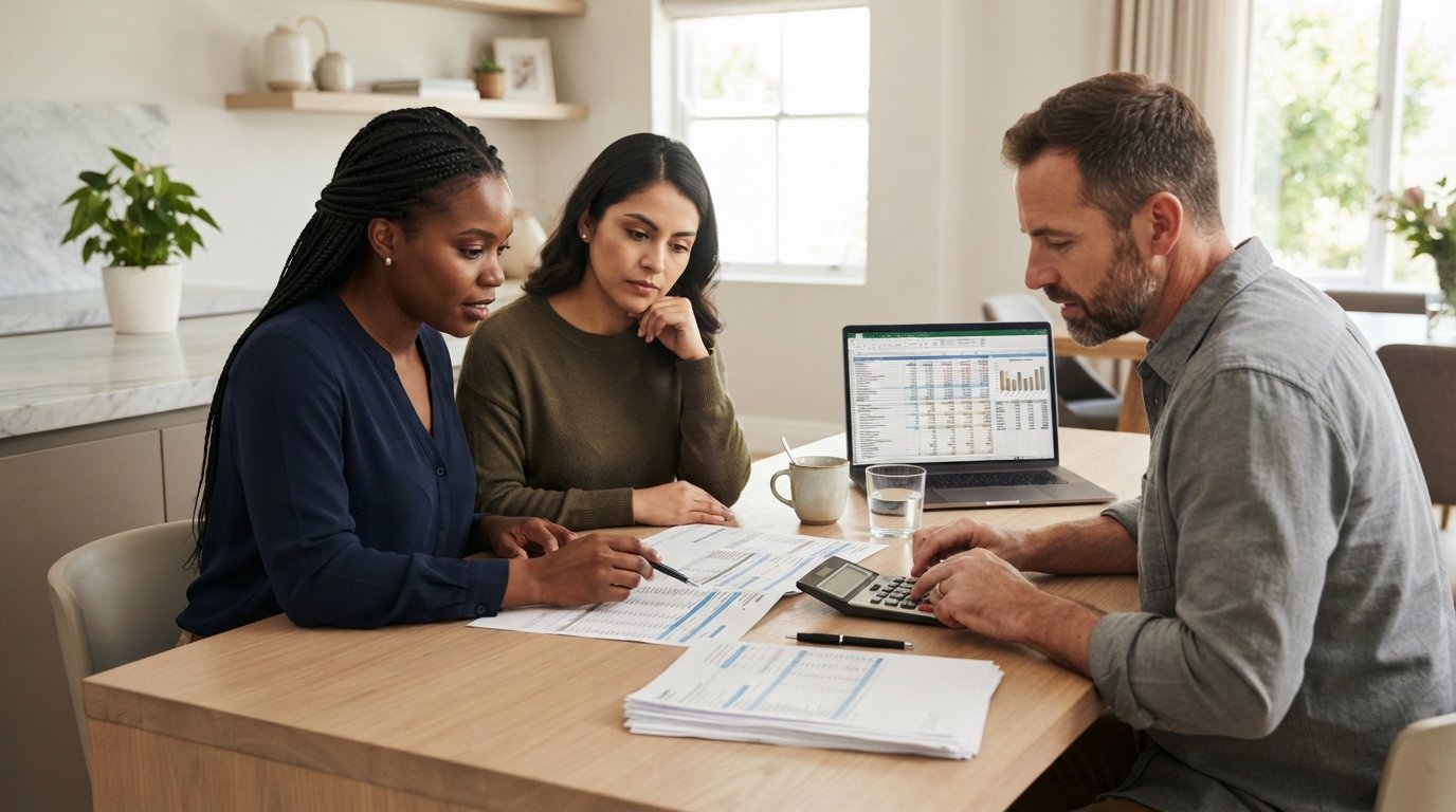 Three adults review loan documents and a calculator at a kitchen table, with a laptop showing a comparison spreadsheet in…