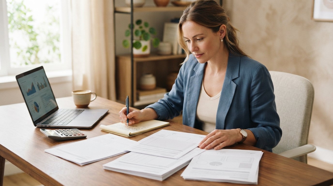 Woman in a blazer comparing printed loan documents at a wooden desk with a laptop, calculator, notepad, and coffee mug