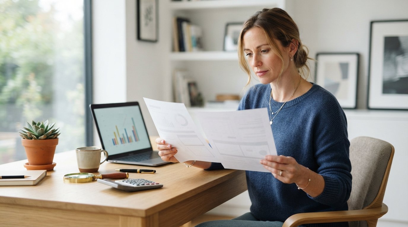 Woman in a home office comparing two loan offer documents side by side, with a calculator, magnifying glass, and laptop on…