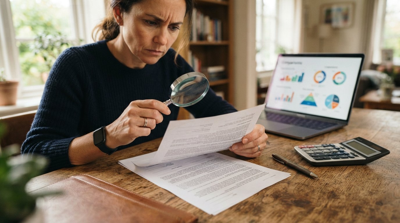 Hands holding a loan agreement over a wooden desk with a magnifying glass over fine print, a calculator, a pen, and a…