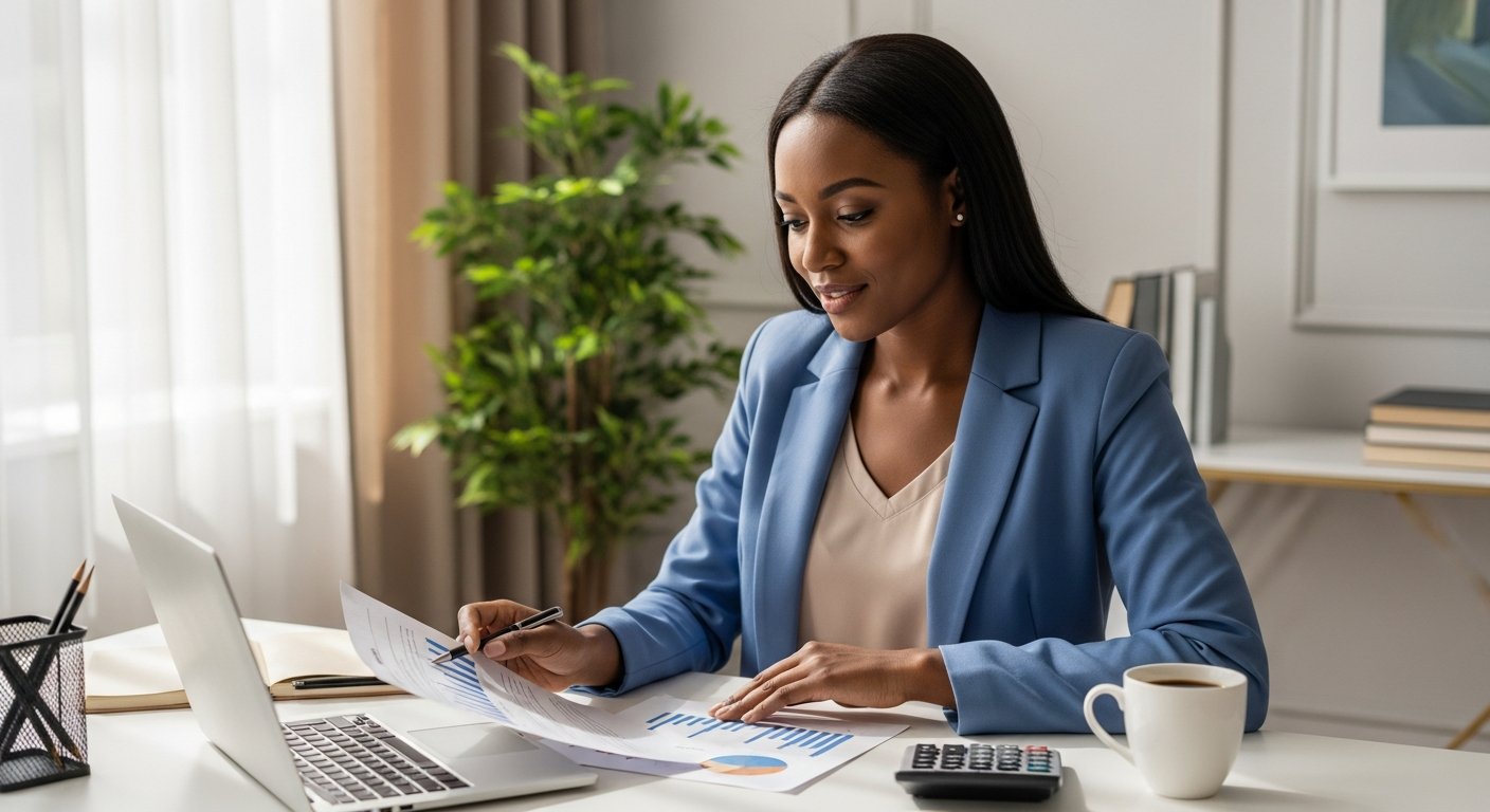Smiling Black woman reviews loan rate comparison chart on laptop at bright desk with calculator and coffee
