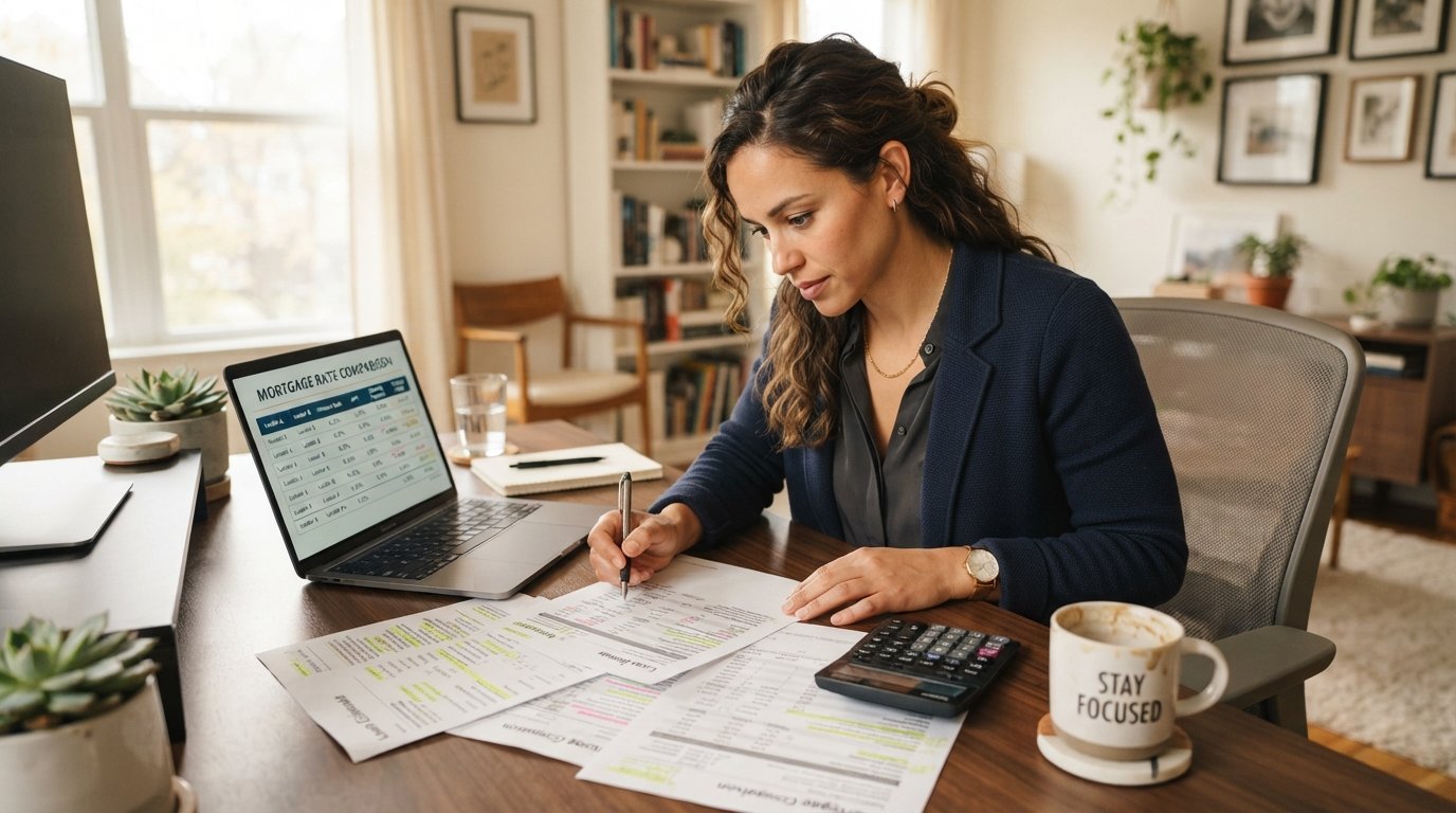 Professional at a desk comparing printed loan estimates beside a laptop showing side-by-side mortgage charts, with a…