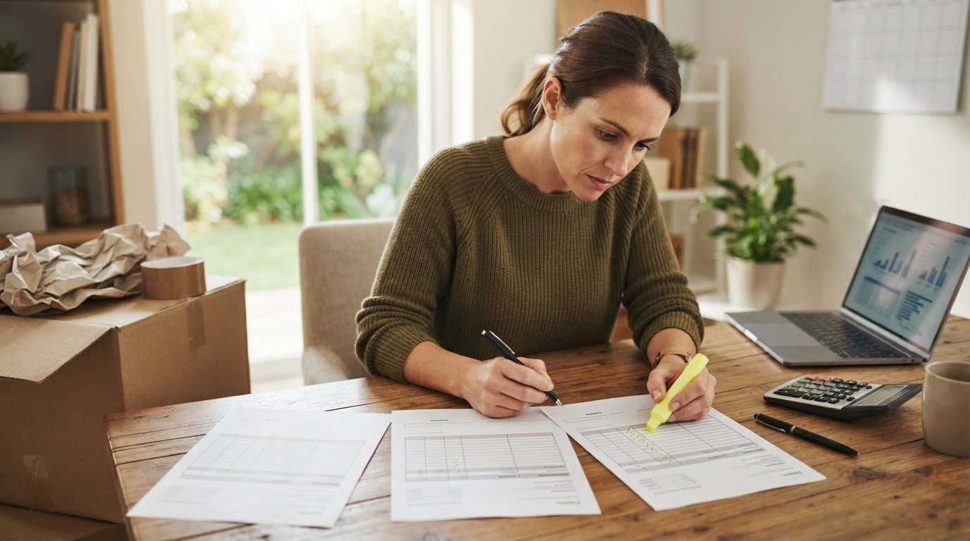 Homeowner at a wooden desk reviewing three printed moving estimates with a calculator, laptop, pen, and highlighter, a…