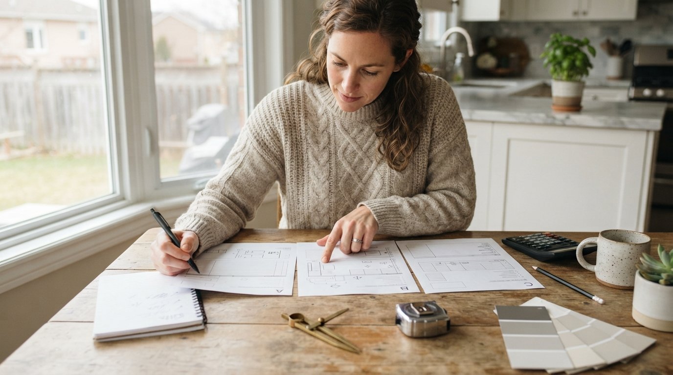 Homeowner in a sweater reviews three printed contractor bids side by side at a kitchen table with a notebook, pencil,…