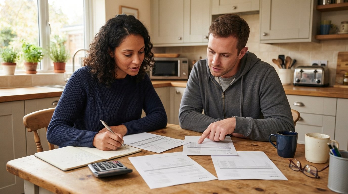 Two homeowners at a wooden kitchen table compare three contractor quote documents, pointing at a line item beside a…