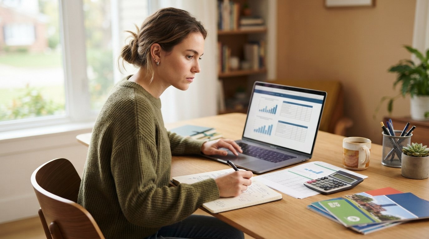 Young adult at a wooden desk comparing tuition costs on a laptop beside a printed spreadsheet, calculator, notebook, coffee…
