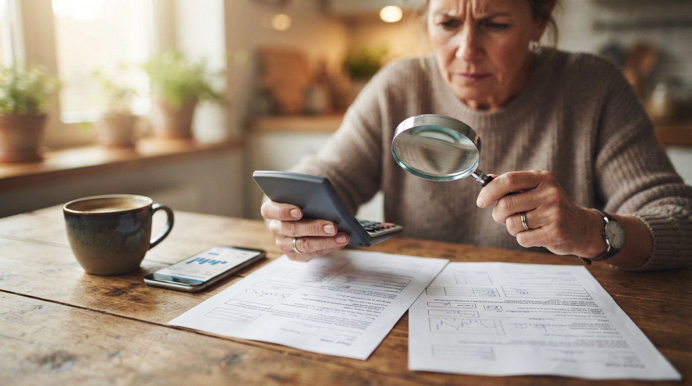 Hands hold a calculator and magnifying glass over two printed loan agreements on a wooden table beside a coffee mug and…