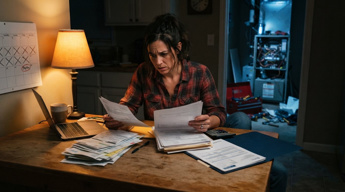 Stressed homeowner in flannel comparing two stacks of paperwork at a kitchen table at night, with a calculator, laptop,…