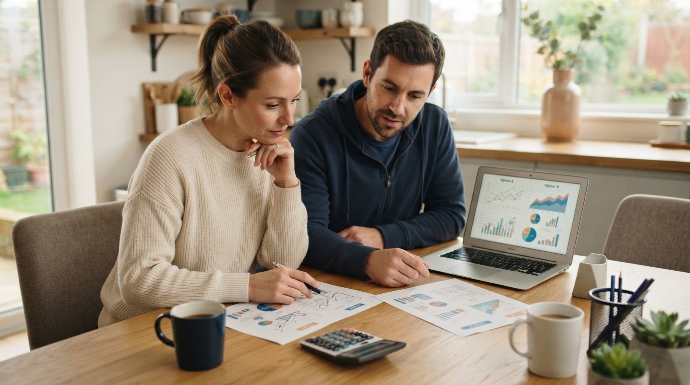 Two adults at a kitchen table reviewing printed loan documents and a laptop, with a calculator and coffee mugs nearby